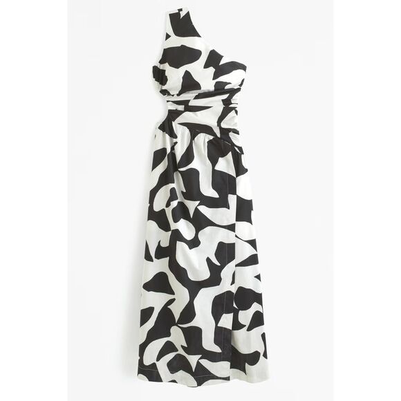 NWT Abercrombie and Fitch One Shoulder Cutout Maxi Dress In Black Abstract Patte - Picture 3 of 5